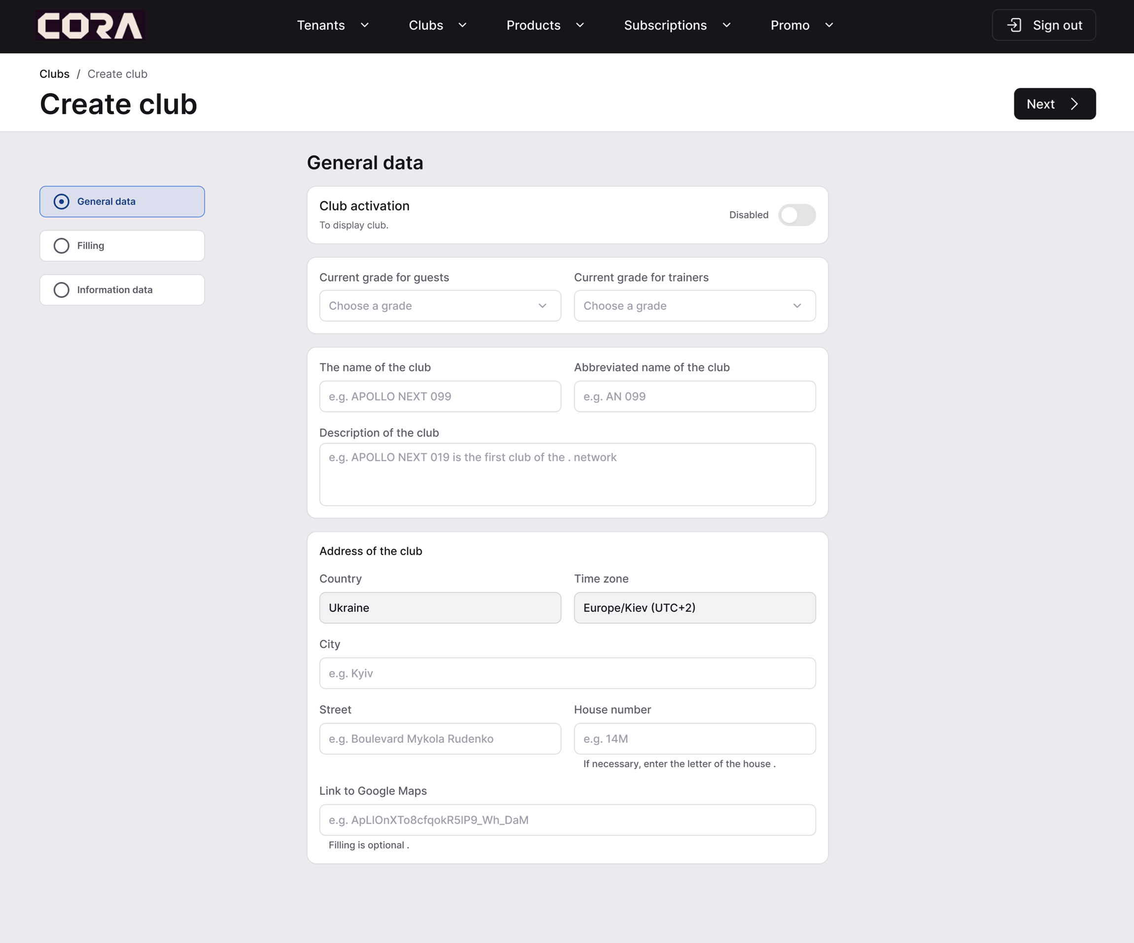 CORA Club Management Dashboard — multi-location network management