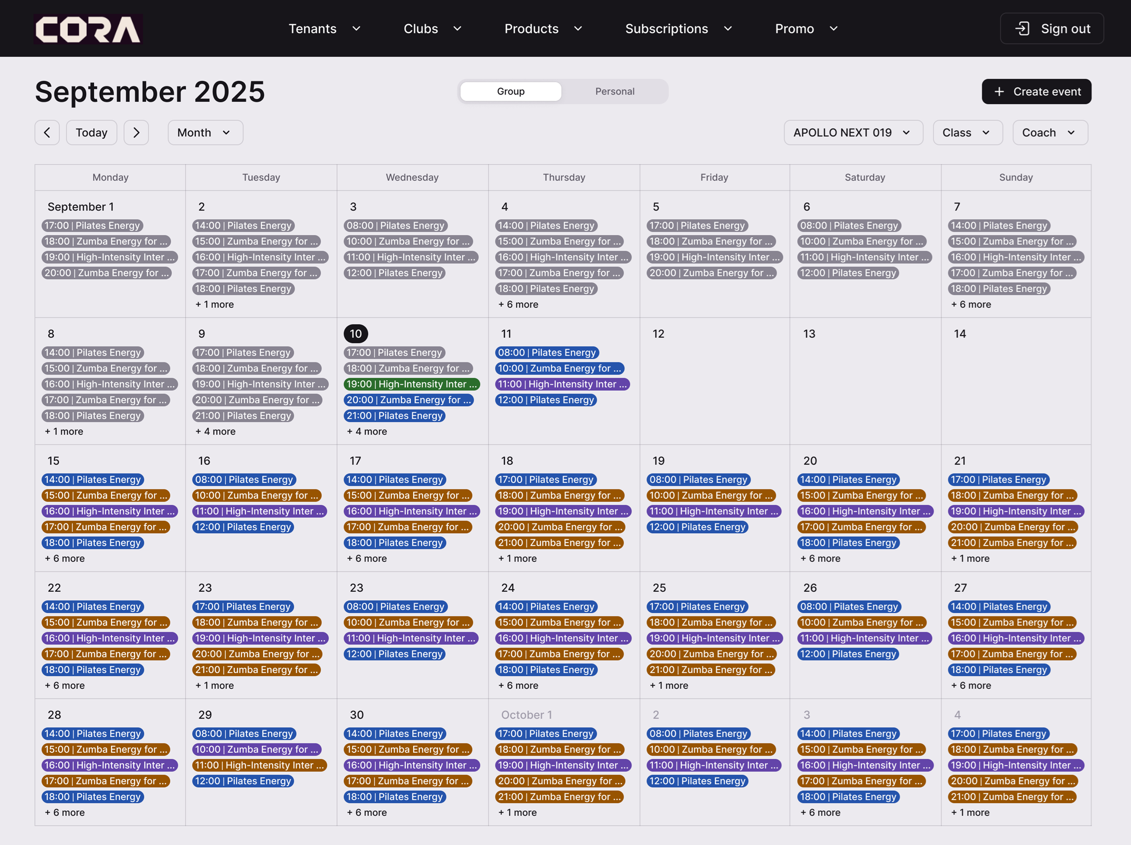 CORA Calendars — class schedule and trainer availability