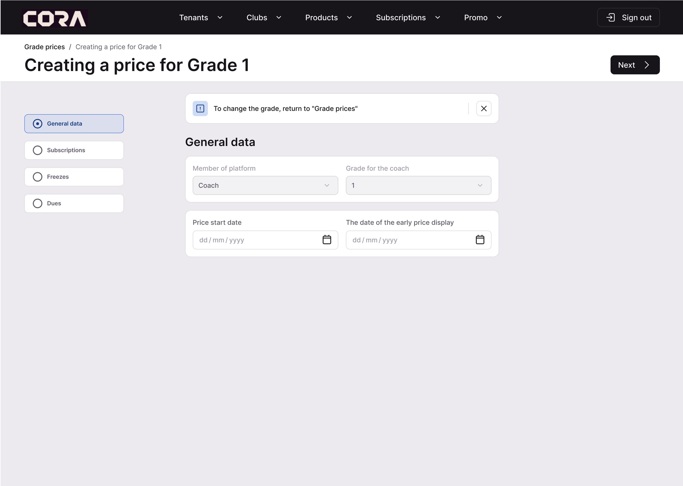 CORA Pricing & Billing — pricing configuration and payment history