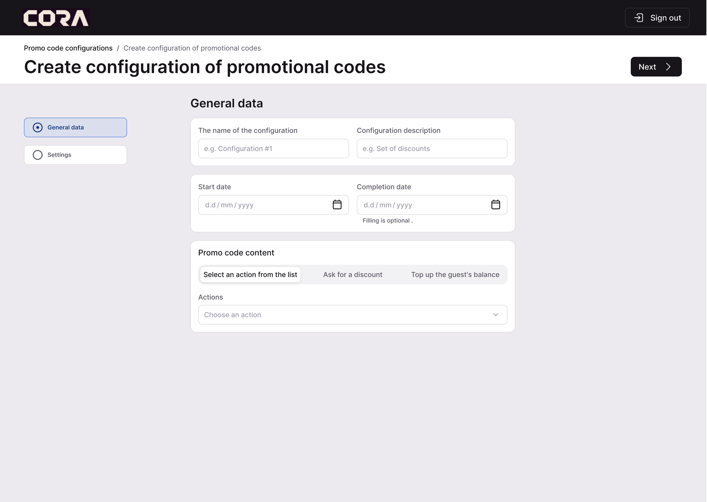 CORA Promotions — discount campaigns and promo codes