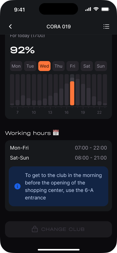 CORA Guest App — main screen with club feed, subscriptions, and schedule