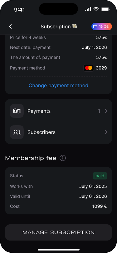 CORA Guest App — subscription management: freeze, change plan, history