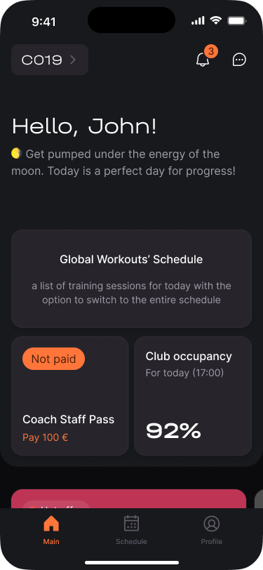 CORA Trainer App — main screen with clients, sessions, and schedule