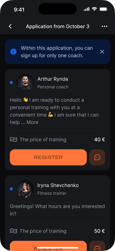 CORA Coach Finder — built-in messenger for direct communication