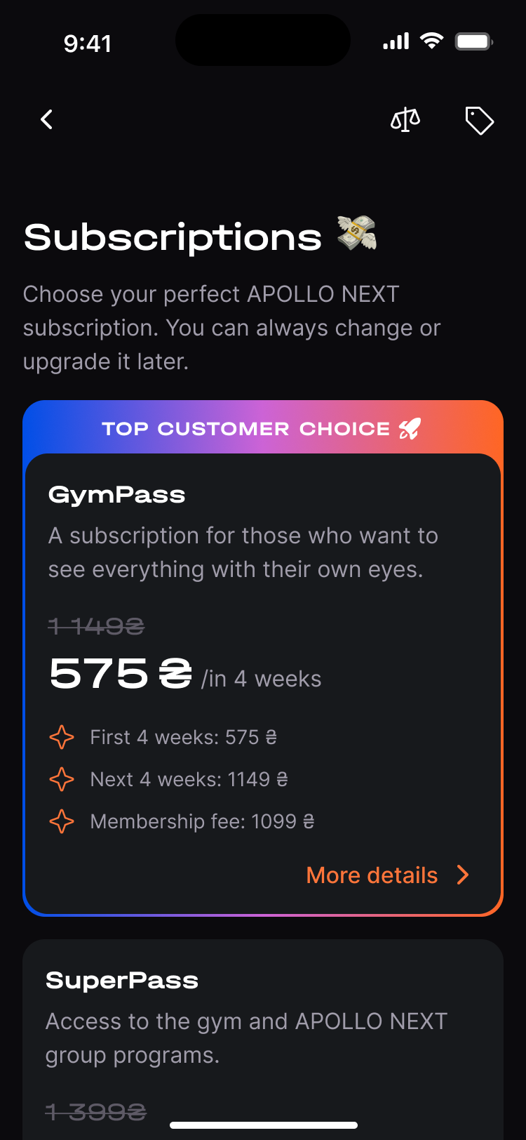Subscription catalog — GymPass plans with pricing and benefits
