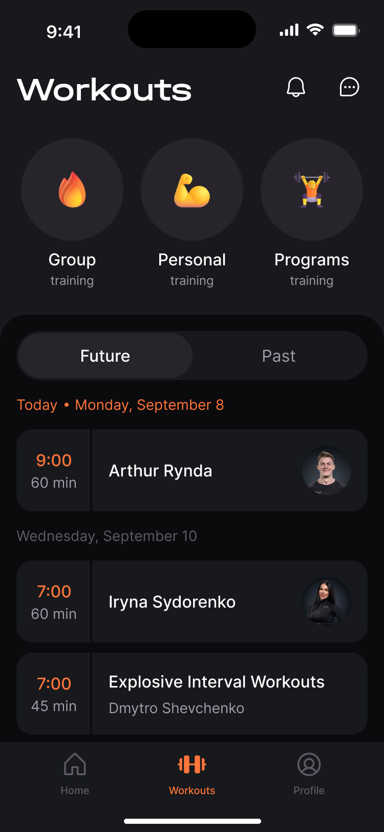 Workouts — group, personal and program training schedule
